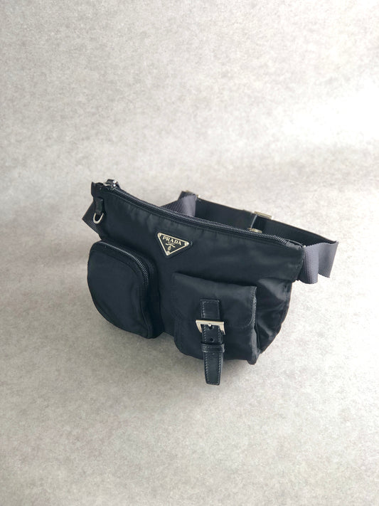 PRADA Triangle Logo Front Pocket Shoulder bag Black Vintage cydhig
