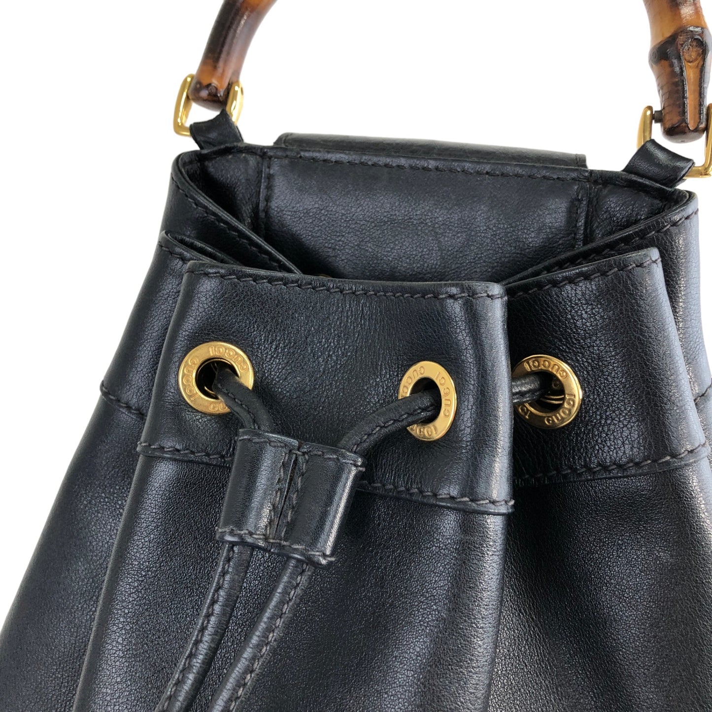 GUCCI Bamboo Leather Drawstring Shoulder bag Black Vintage f5ytcx