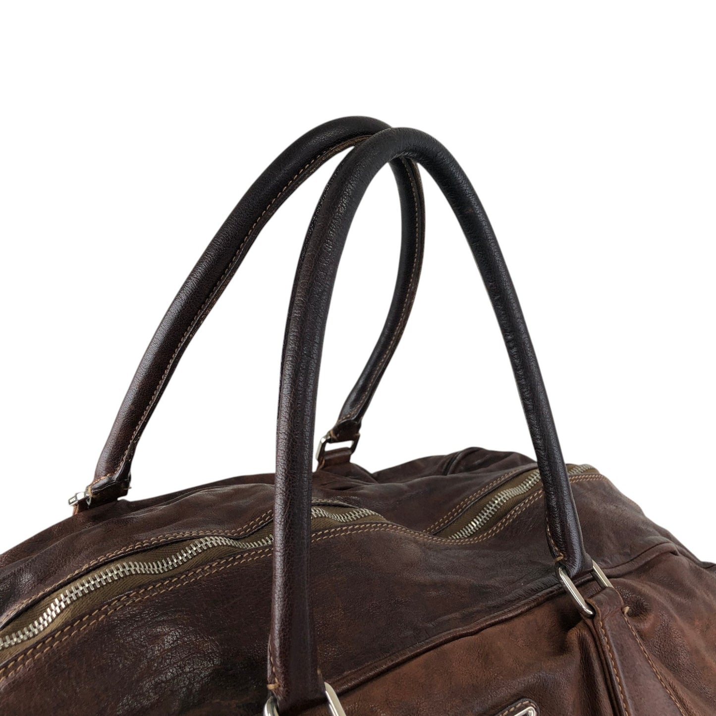 PRADA Triangle Logo Handbag Boston bag Washed leather Brown Vintage 2umzpg