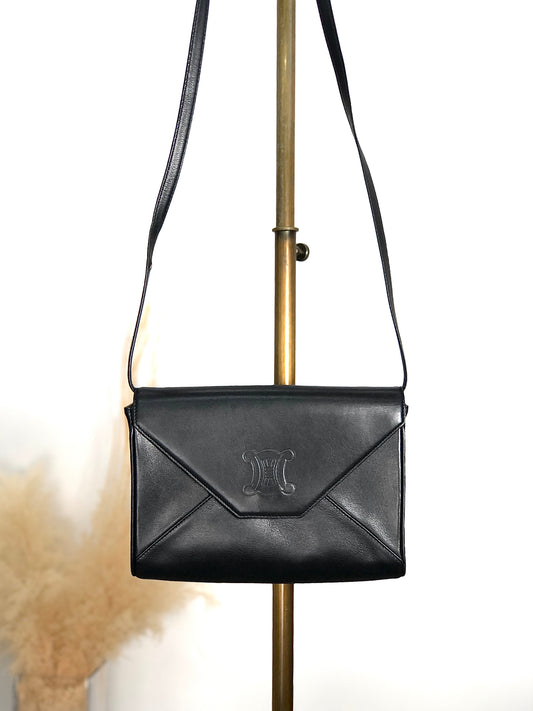 CELINE Blason Crossbody Shoulder bag Black Vintage byue3n
