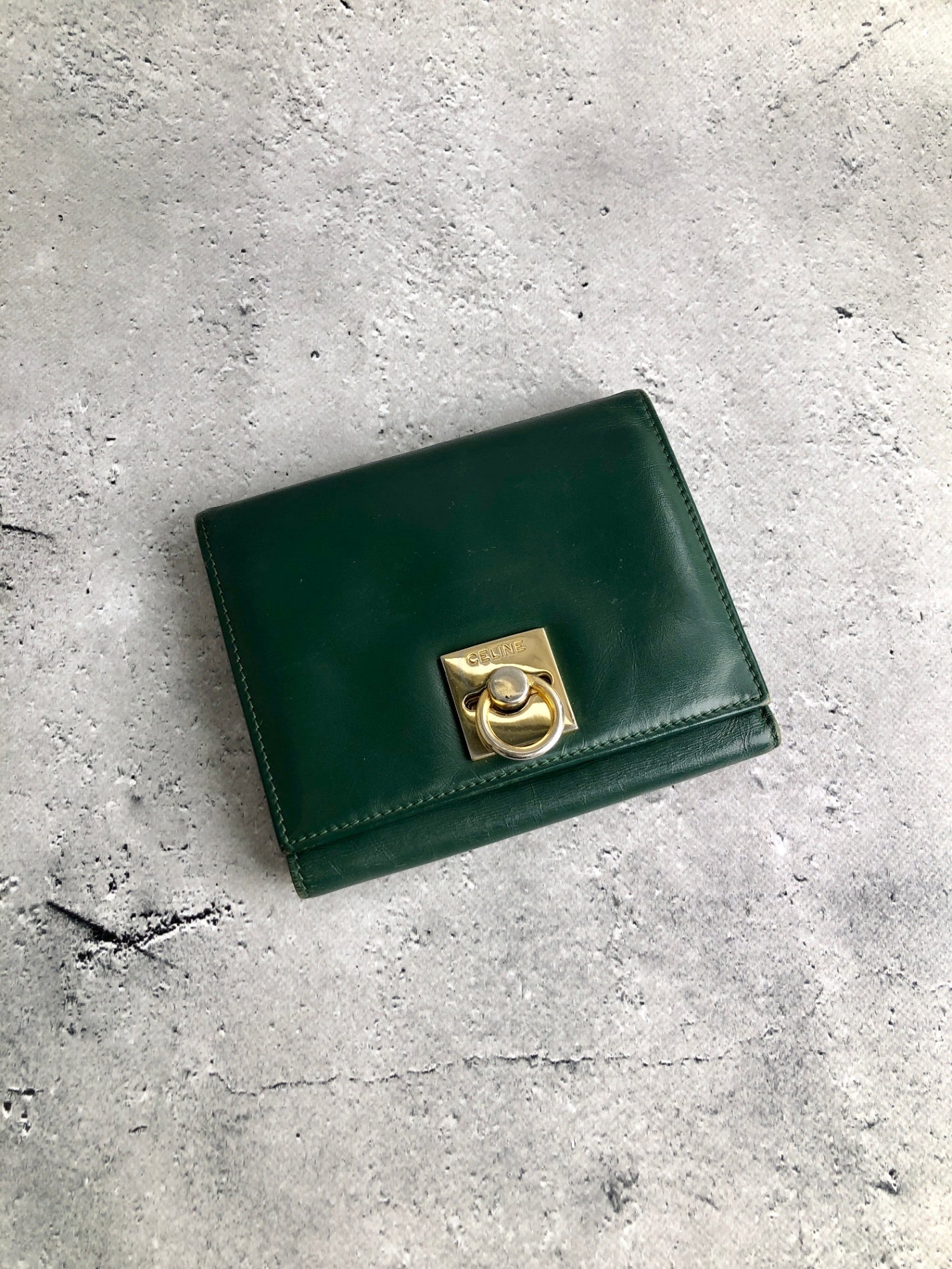 CELINE Gancini Trifold Wallet Green Vintage 4cifcs