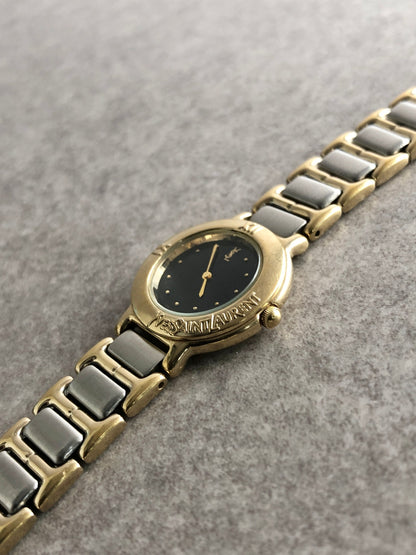 Yves Saint Laurent YSL Logo Quartz Watch Silver×Gold 2200-229789Y Vintage sngzzf