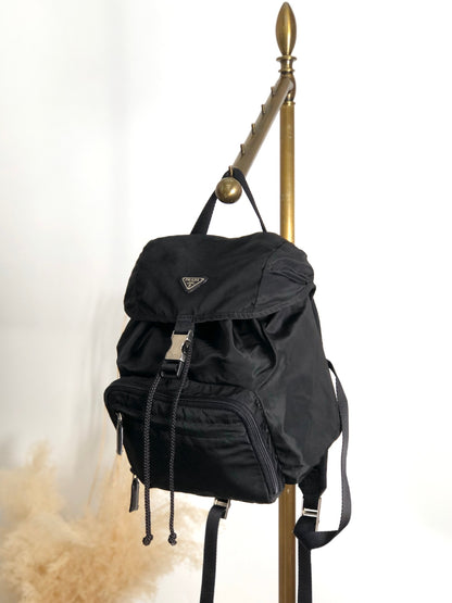 PRADA Tessuto Triangle Logo Front Buckle Backpack Black Vintage jmakxv
