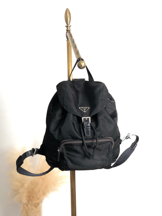 PRADA Tessuto Triangle Logo Front Buckle Backpack Black Vintage f788mi