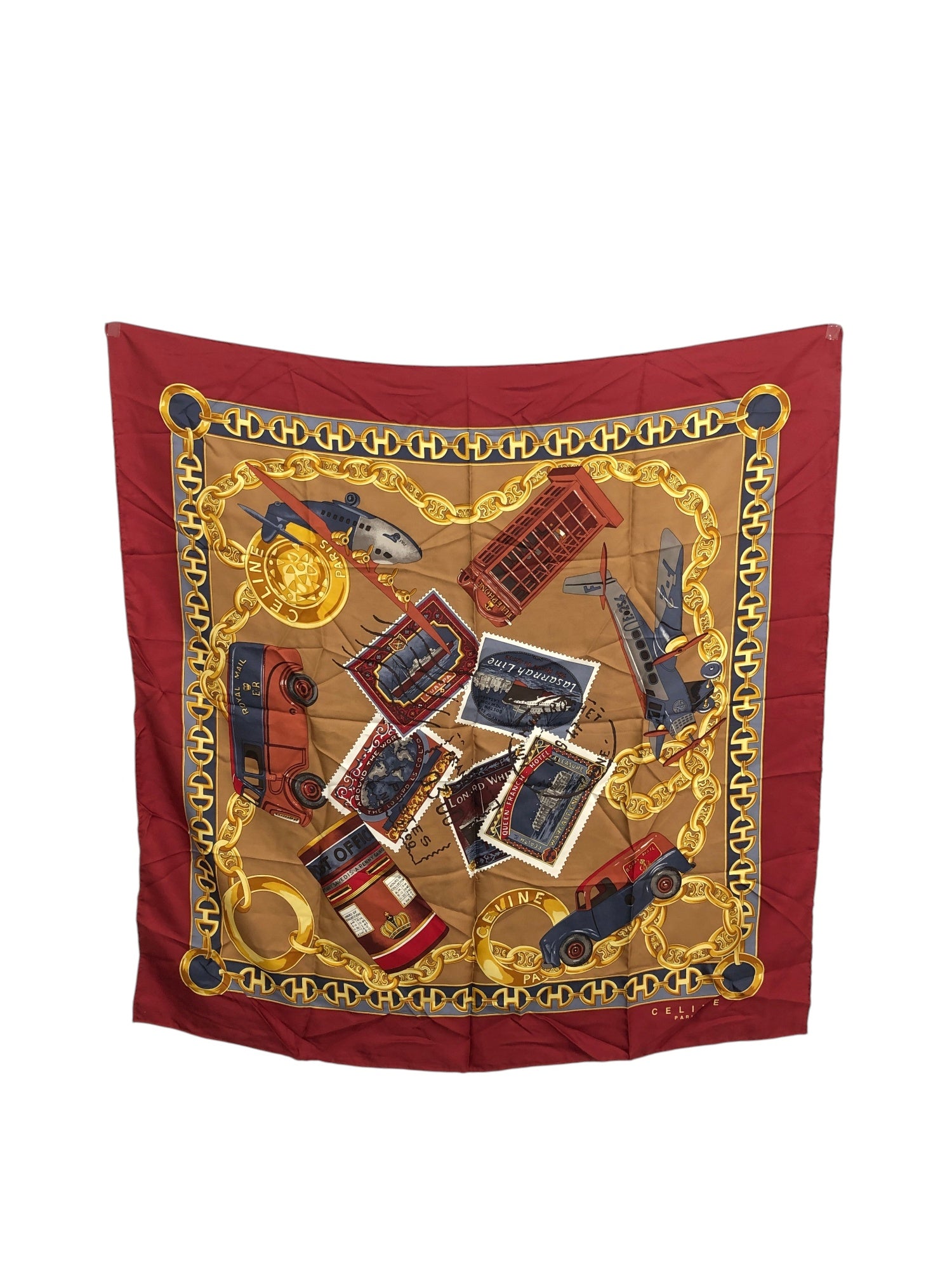CELINE Triomphe Horse Bit Silk Scarf Red Vintage 2dp2ru