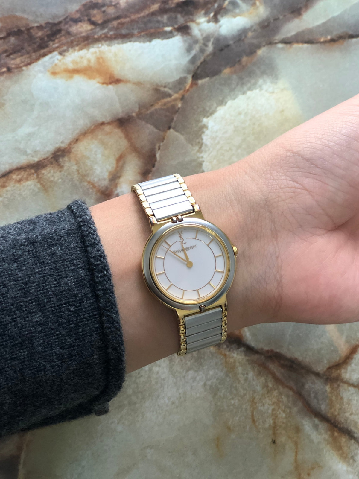Yves Saint Laurent YSL Logo Quartz Watch Silver×Gold 2823-268440 Yo Vintage zdikrb