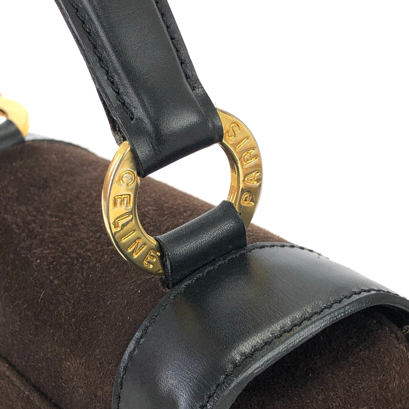 CELINE Circle Logo  Suede Leather Two-way Handbag Shoulder bag Brown Black Vintage vxyndh