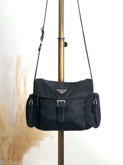 PRADA Tessuto Triangle Logo Front Buckle Side Pocket Shoulder bag Black Vintage 5whkzb