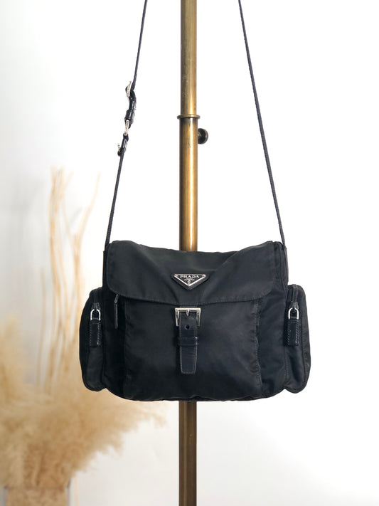 PRADA Tessuto Triangle Logo Front Buckle Side Pocket Shoulder bag Black Vintage 5whkzb