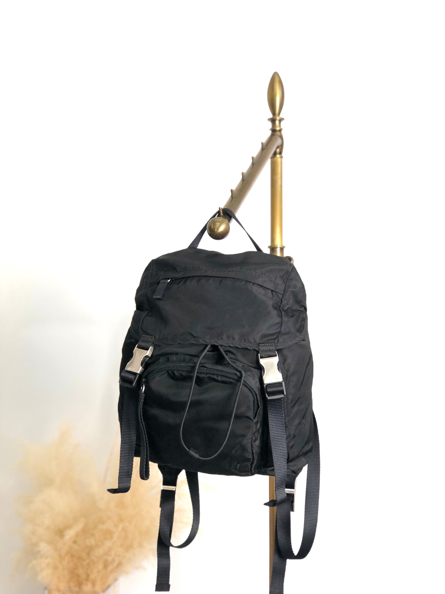 PRADA Tessuto Triangle Logo Front Buckle Backpack Black Vintage ynp78c
