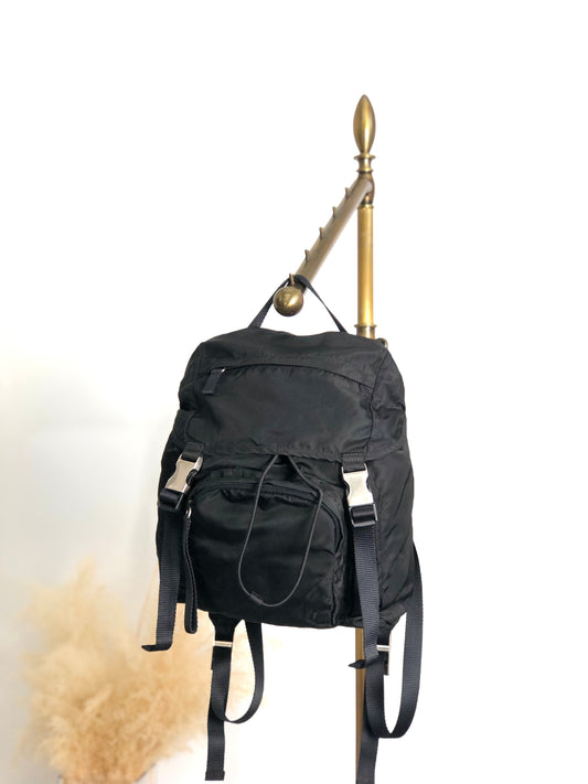 PRADA Tessuto Triangle Logo Front Buckle Backpack Black Vintage ynp78c