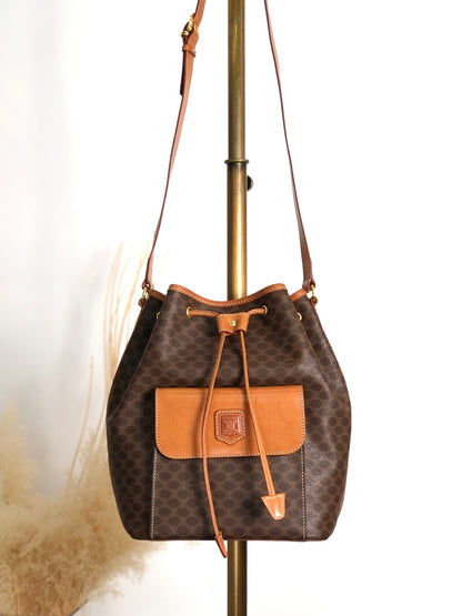 CELINE Macadam Blason Drawstring Shoulder bag Brown Vintage ex6n3b