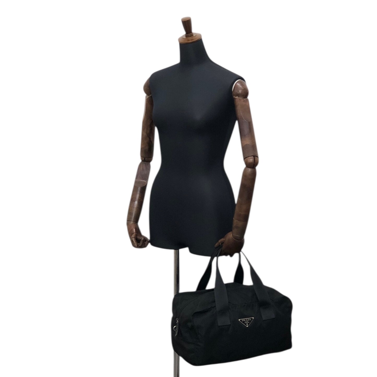 PRADA Tessuto Triangle Logo Handbag Boston bag Black Vintage ycwtum