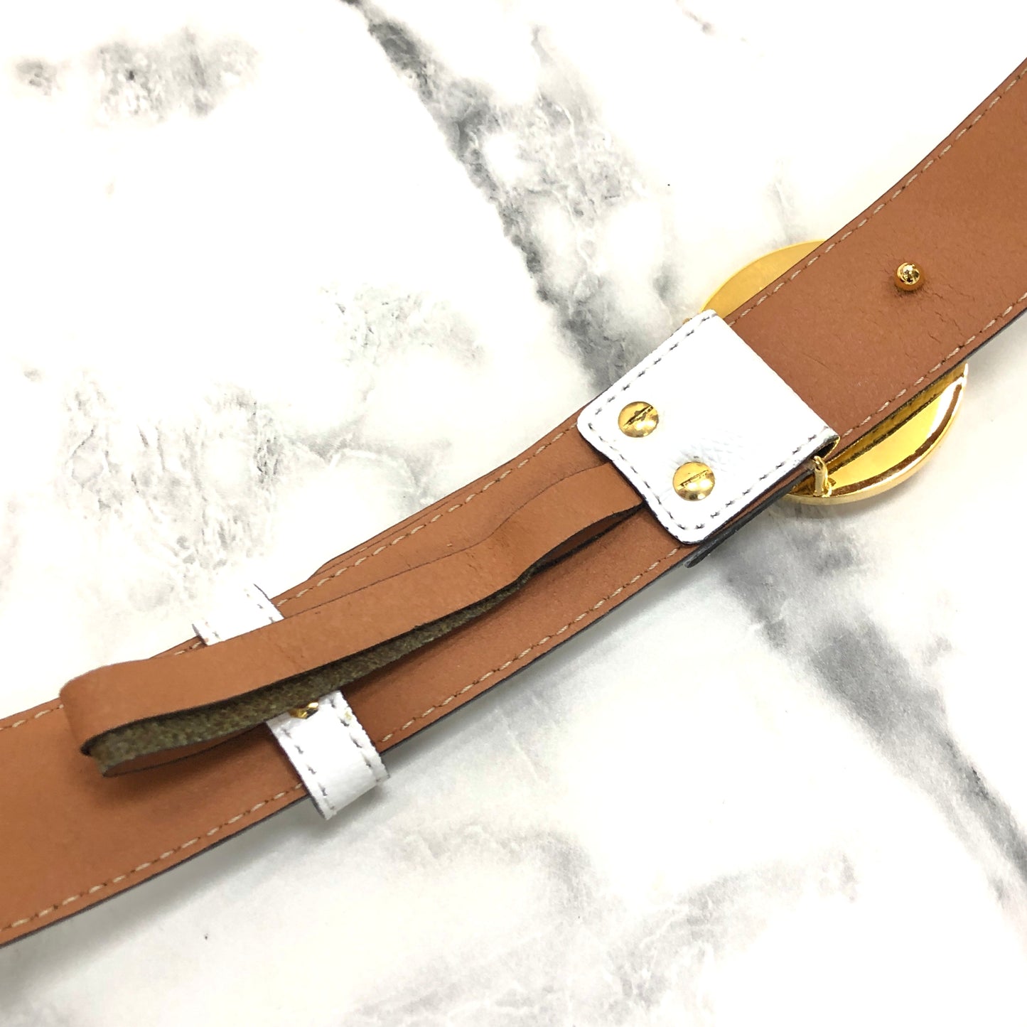 CELINE Circle Logo Leather Belt White Vintage 5absrf