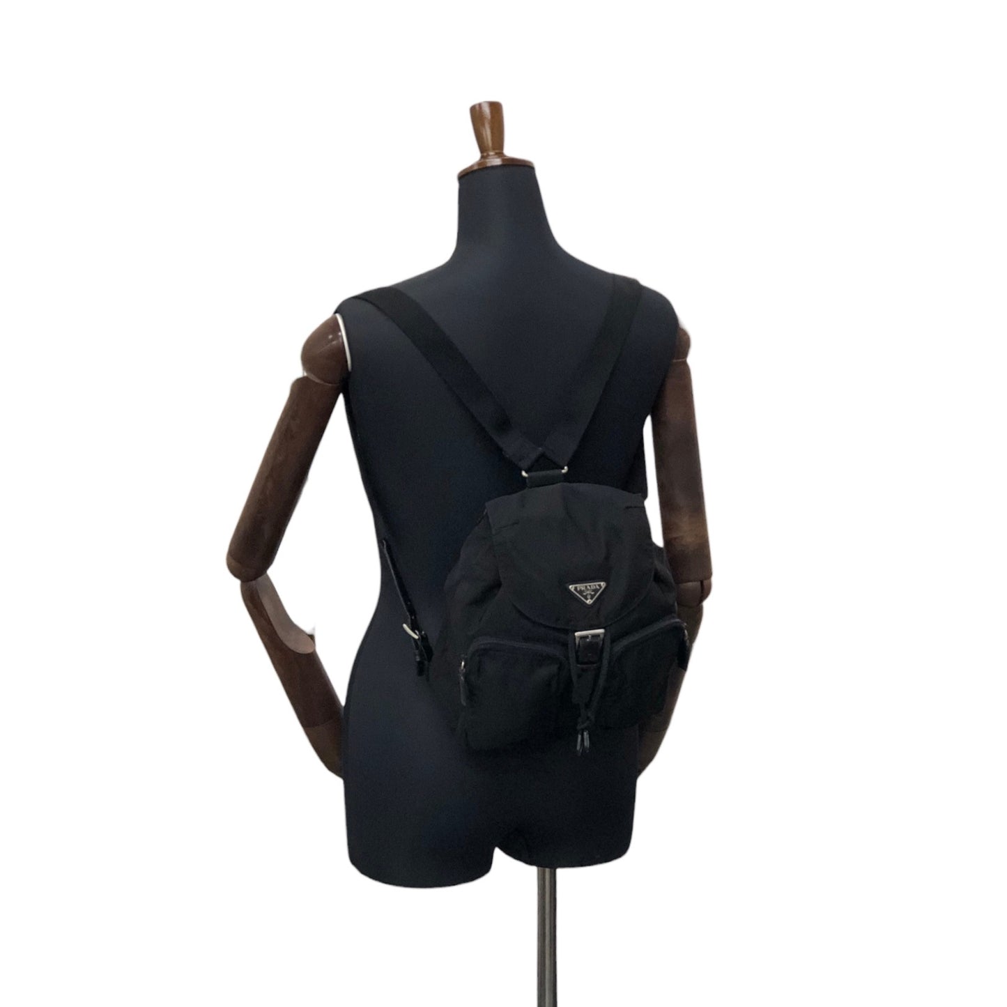 PRADA Tessuto Triangle Logo Double Pocket Backpack Black Vintage msvumv