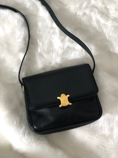 CELINE Triomphe Leather Crossbody Shoulder bag Black Vintage hn5feu