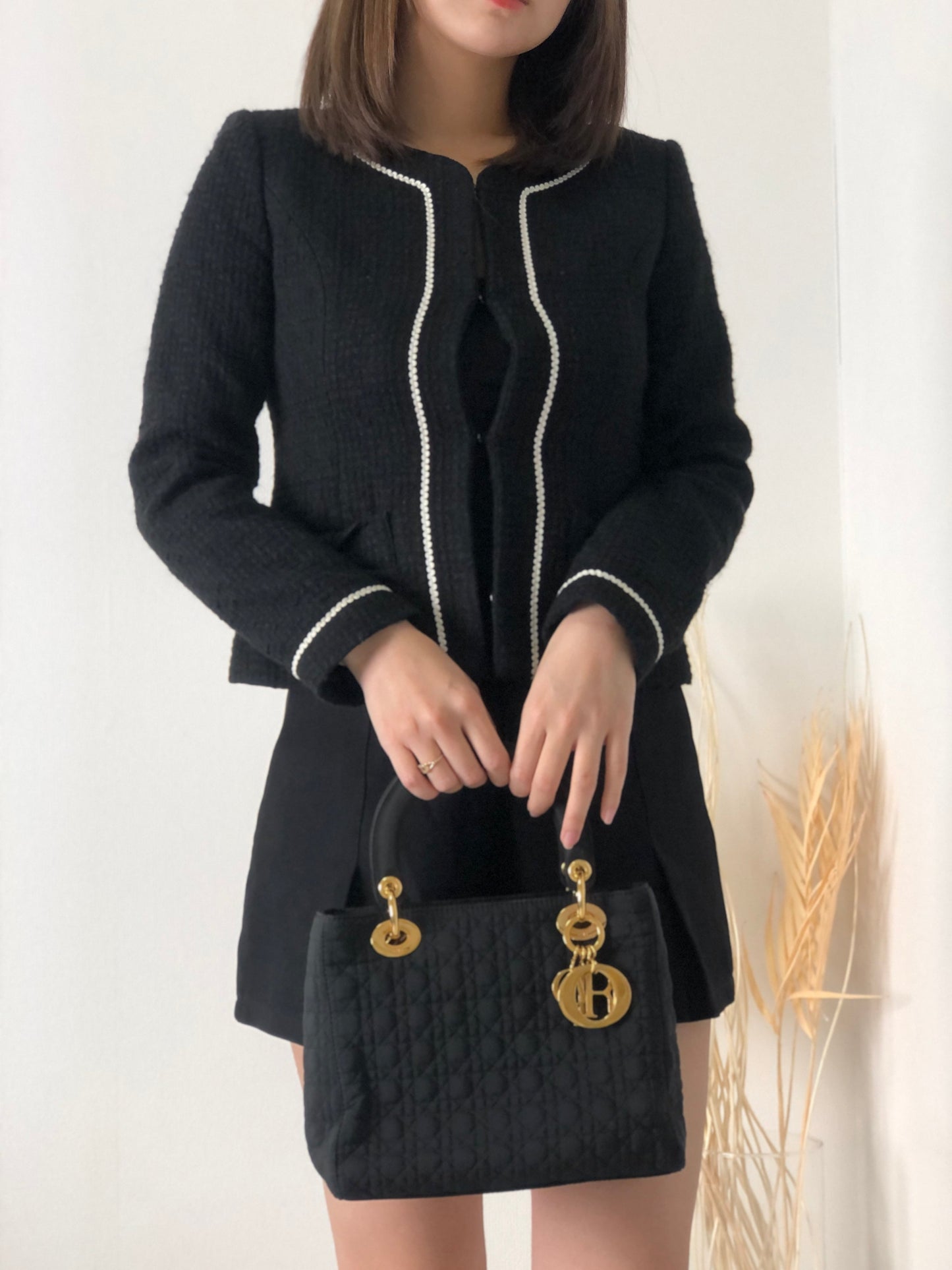 Christian Dior  Lady Dior Cannage CD Logo Charm Nylon Two-way Handbag Shoulder bag Black Vintage vwagxx