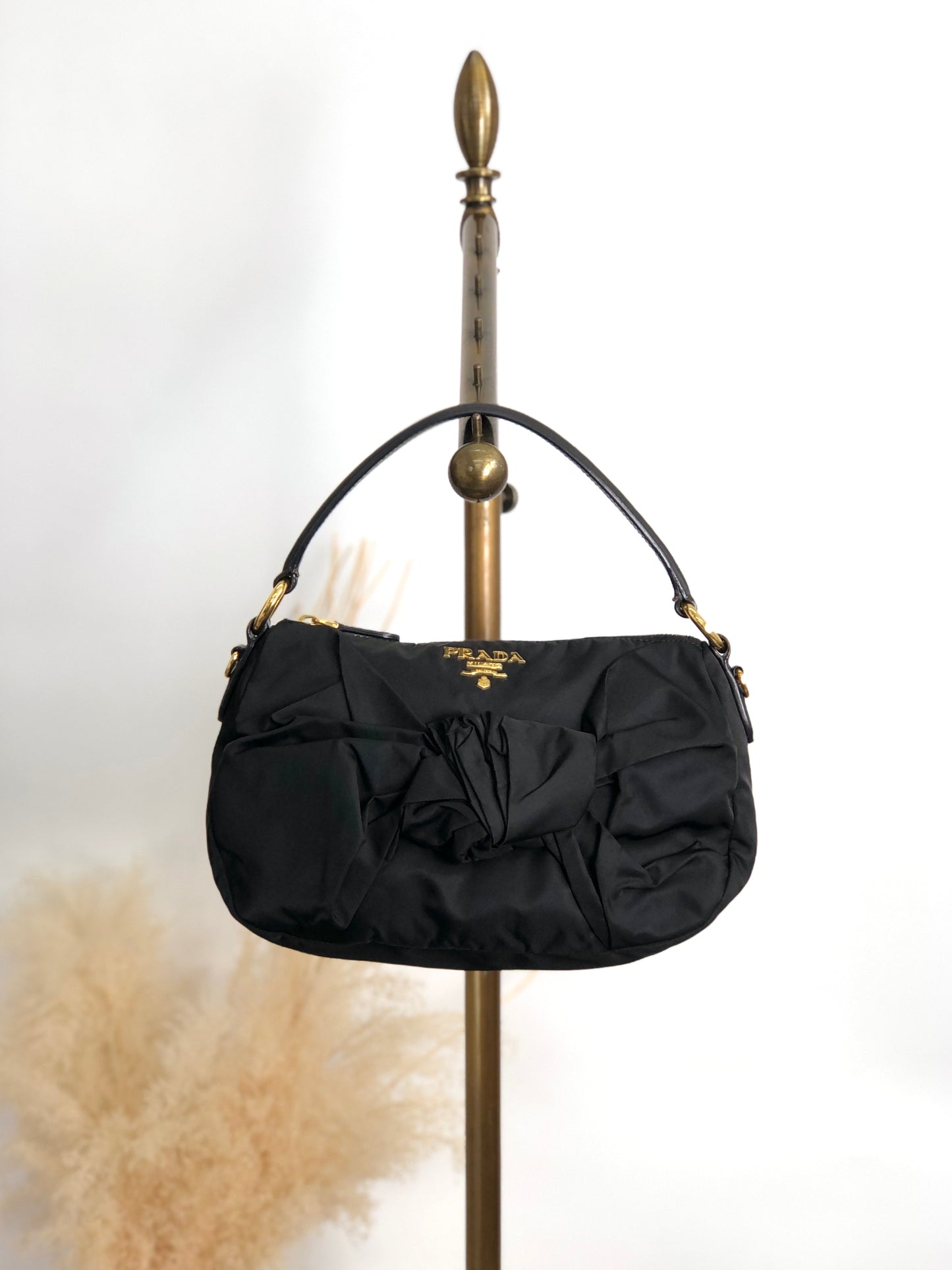 PRADA Logo Ribbon Motif Two-way Handbag Shoulder bag Black Vintage 33v85k