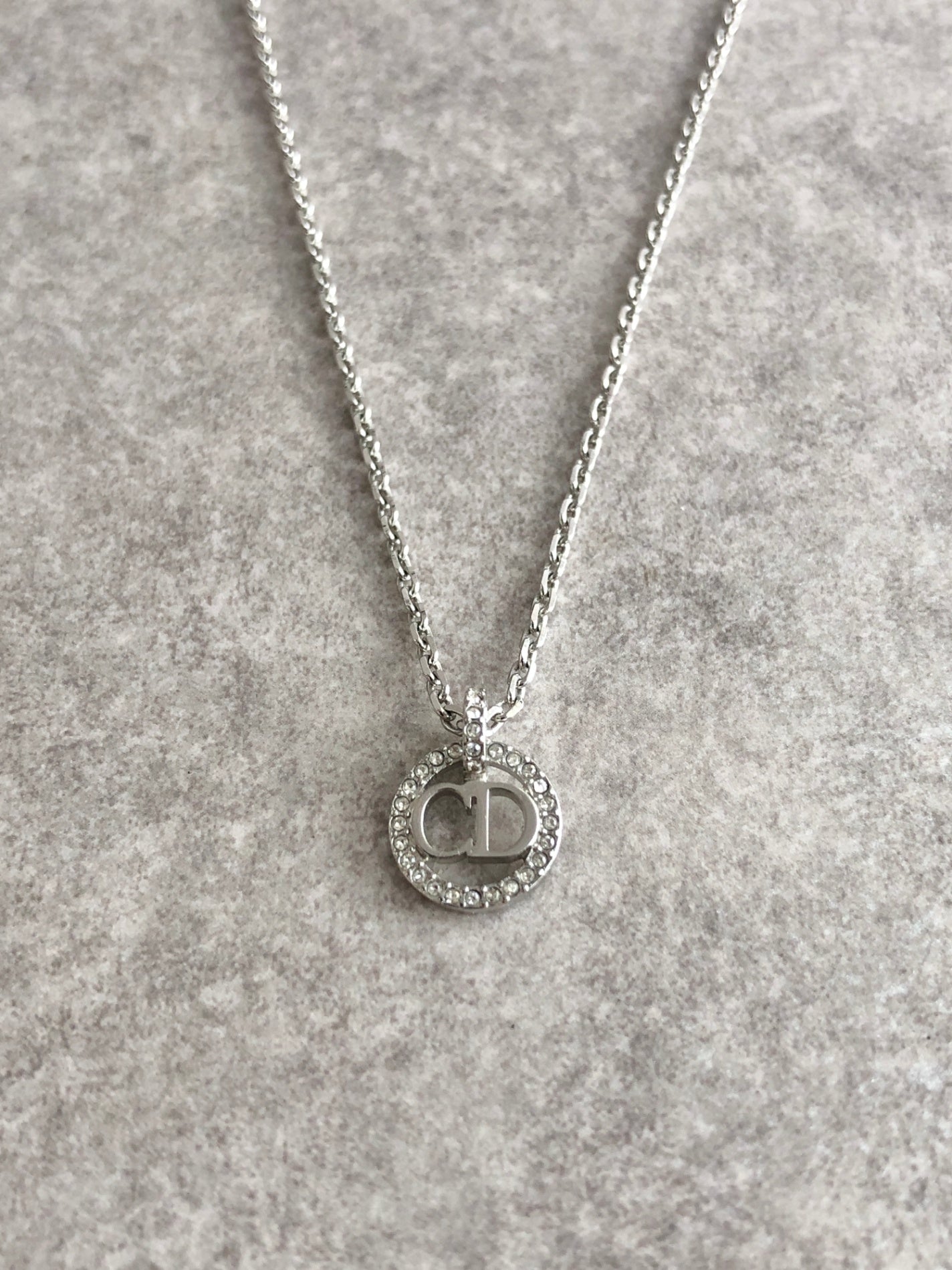 Christian Dior CD Logo Rhinestone Necklace Silver Vintage m3in4a