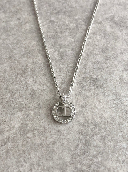 Christian Dior CD Logo Rhinestone Necklace Silver Vintage m3in4a