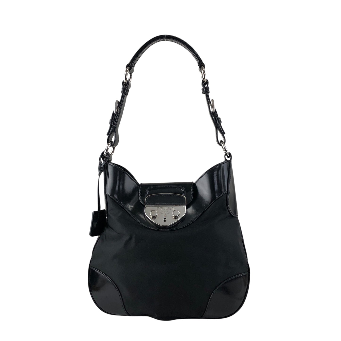 PRADA Logo Front Lock Shoulder bag Black Vintage jh2gpw