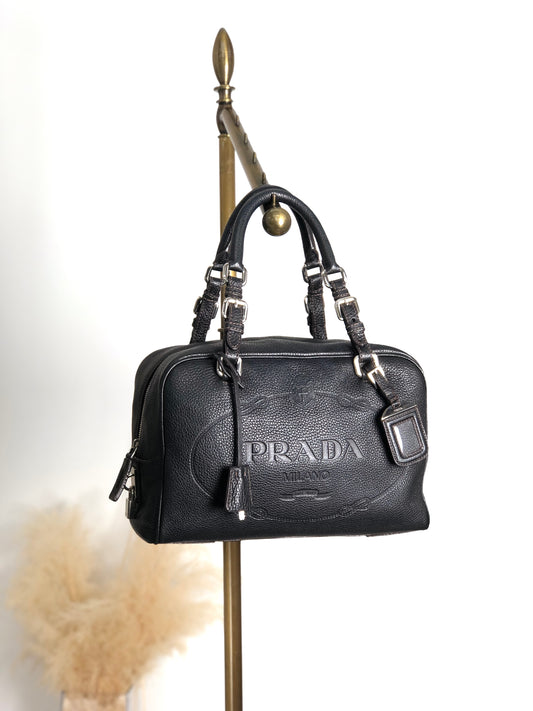 PRADA Logo Embossed Small Boston bag Handbag Black Vintage f8pbsn