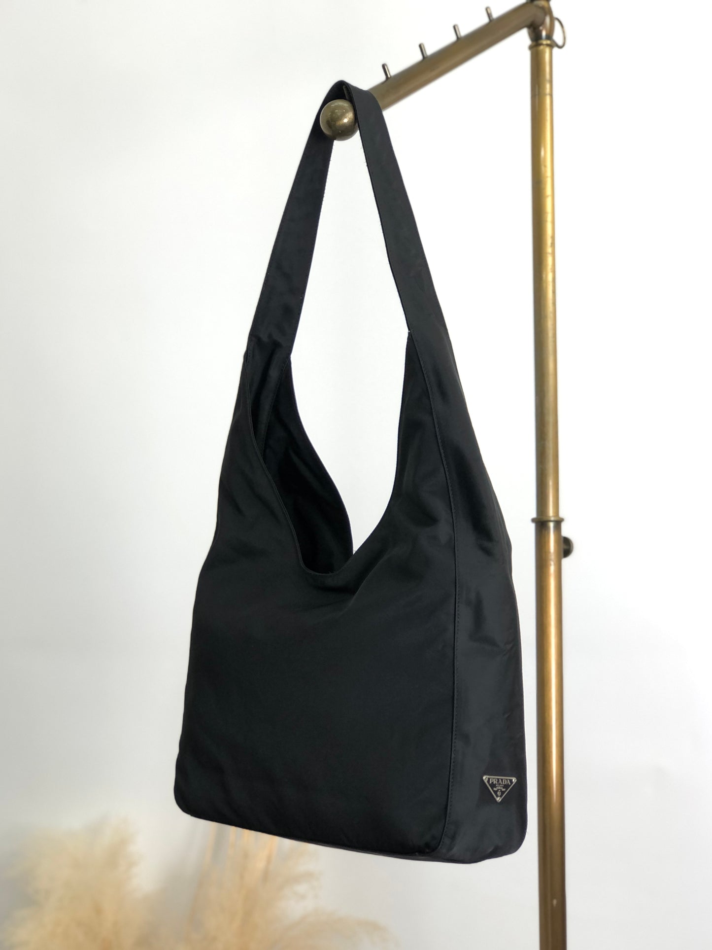 PRADA Triangle Logo Shoulder bag Hobobag Black Vintage gjymbt