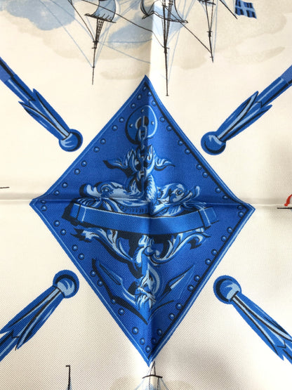 HERMES Silk Scarf White×Blue Vintage avkayp