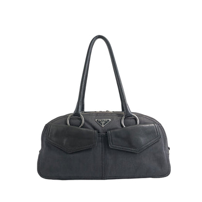 PRADA Triangle Logo Front Pocket Small Boston bag Handbag Black Vintage 7uz66d