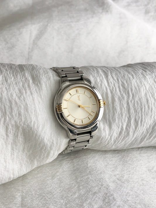 Yves Saint Laurent YSL Logo Quartz Watch Silver 6031-G11246 Vintage 7zycet