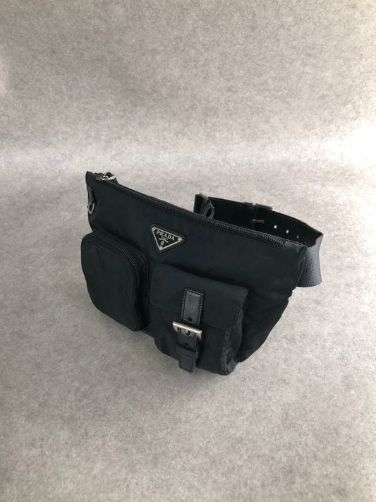 PRADA Triangle Logo Front Pocket Sling bag Black Vintage ts8rf4