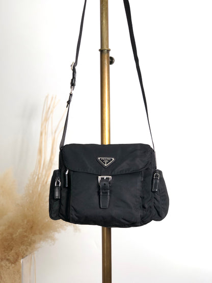 PRADA Tessuto Triangle Logo Front Buckle Side Pocket Shoulder bag Black Vintage pvgpkk