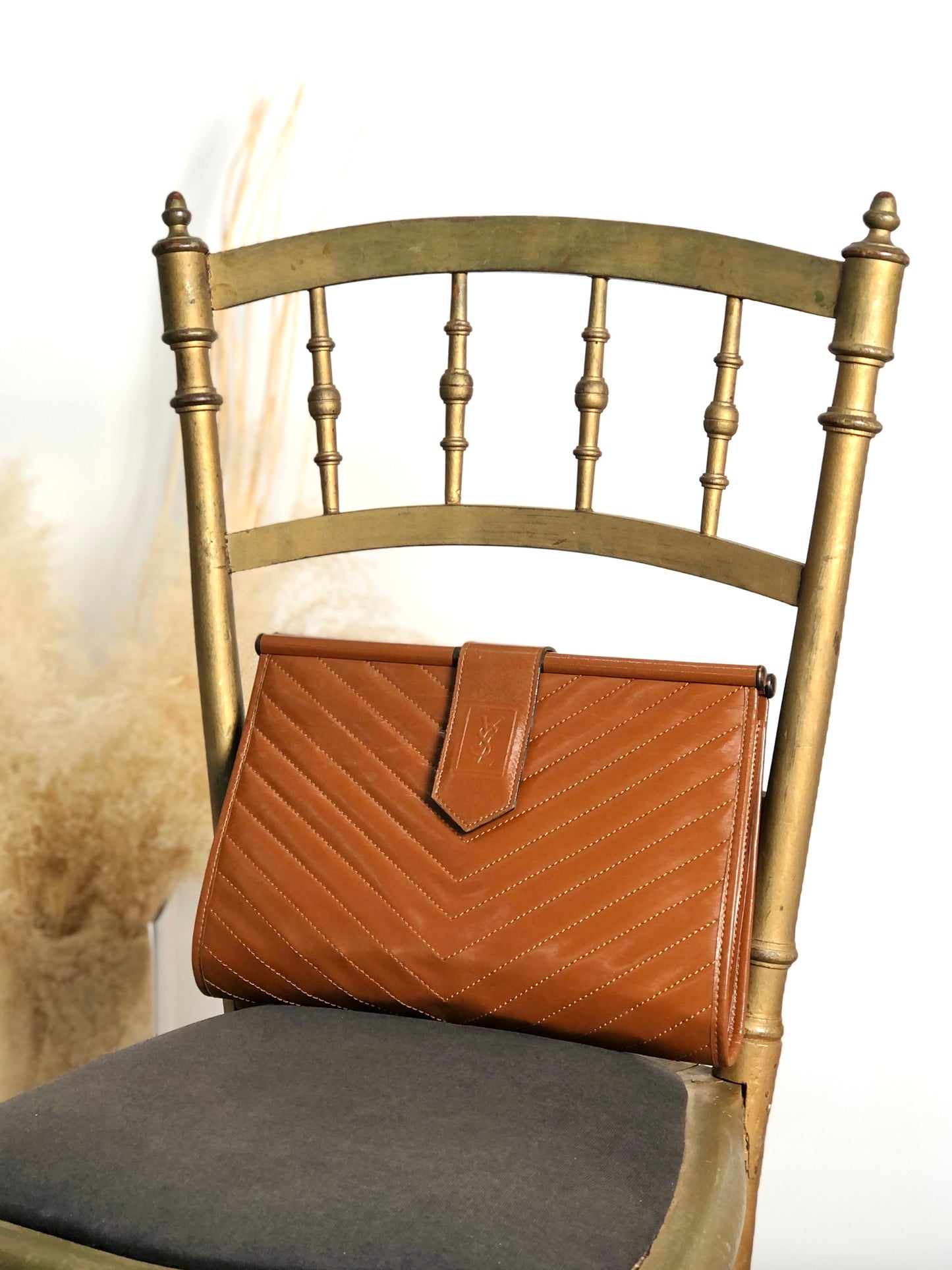 Yves Saint Laurent YSL Logo Cassandra Bias Stitch Clutch bag Brown Vintage i6mndi