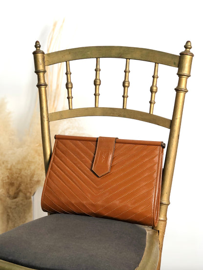 Yves Saint Laurent YSL Logo Cassandra Bias Stitch Clutch bag Brown Vintage i6mndi