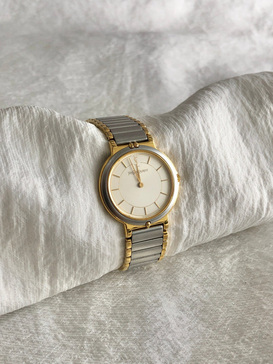 Yves Saint Laurent YSL Logo Quartz Watch Silver×Gold 2823-268440 Vintage 43tt8e