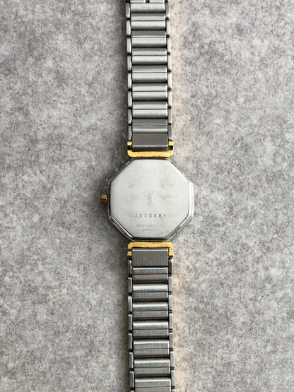 Yves Saint Laurent YSL Logo Quartz Watch Silver×Gold 1030081 Vintage rf4piy