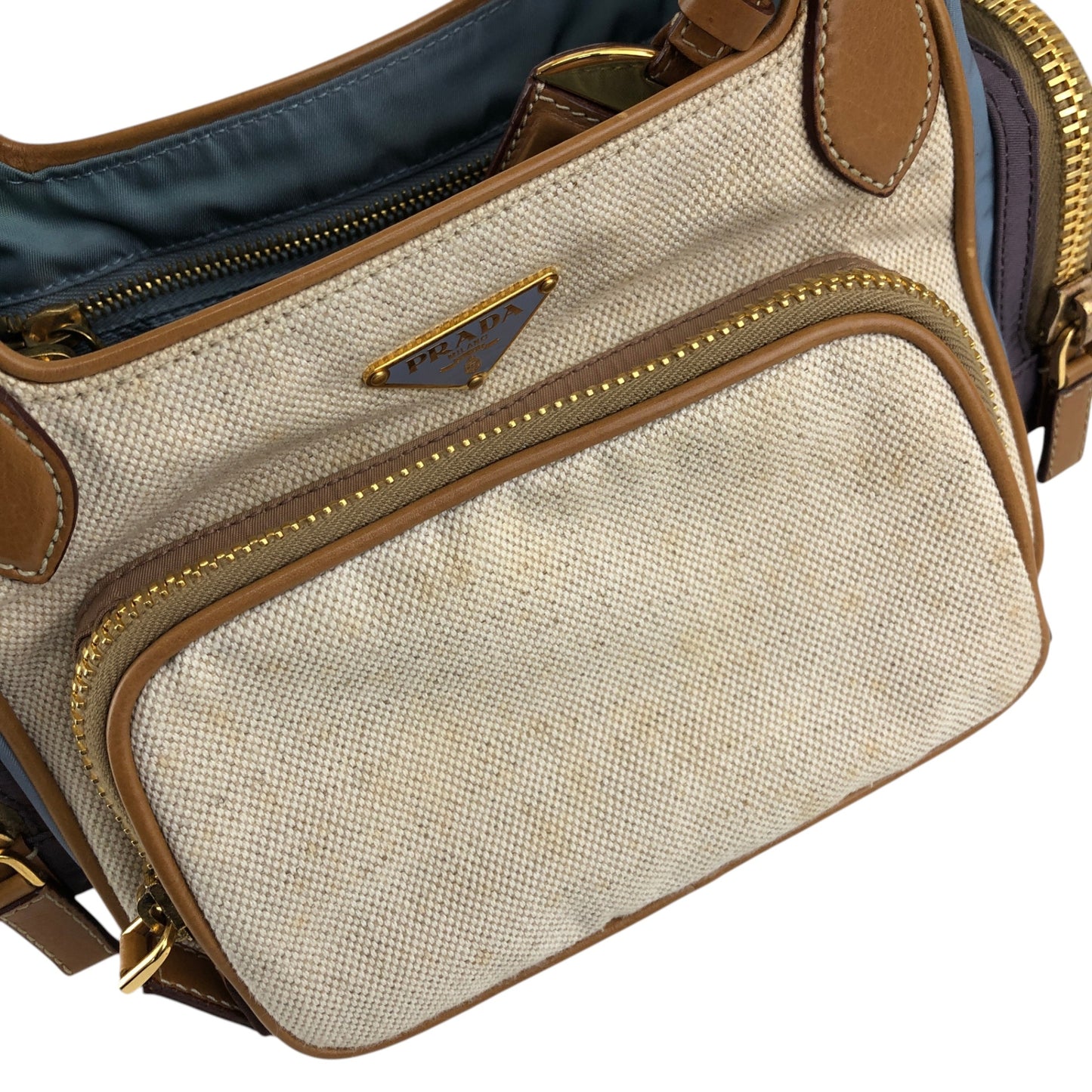 PRADA Triangle Logo Multi Pocket Handbag Totebag Beige×Blue Vintage fkki3a