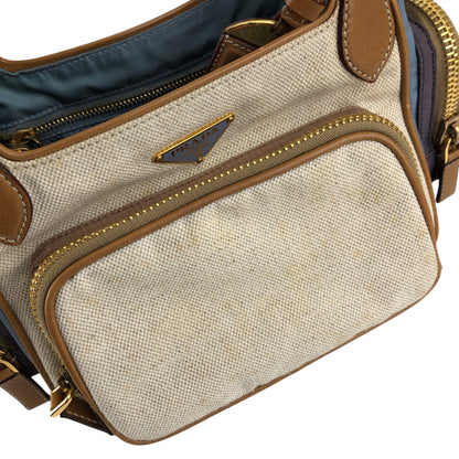 PRADA Triangle Logo Multi Pocket Handbag Totebag Beige×Blue Vintage fkki3a