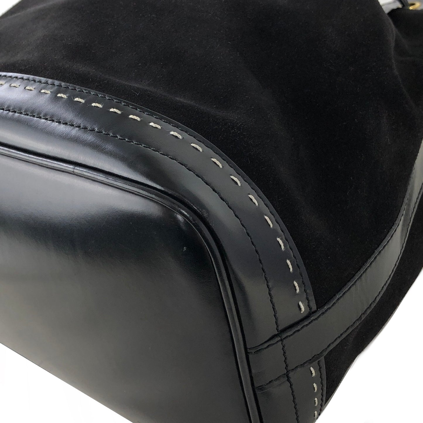CELINE Gancini  Suede Leather Drawstring Shoulder bag Black Vintage swuscx