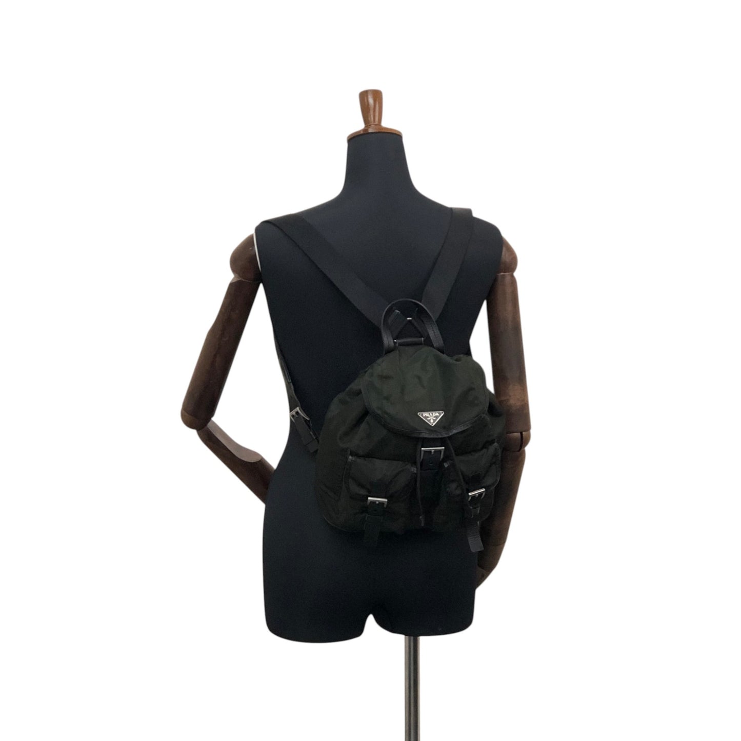 PRADA Tessuto Triangle Logo Double Pocket Backpack Black Vintage kuuttd