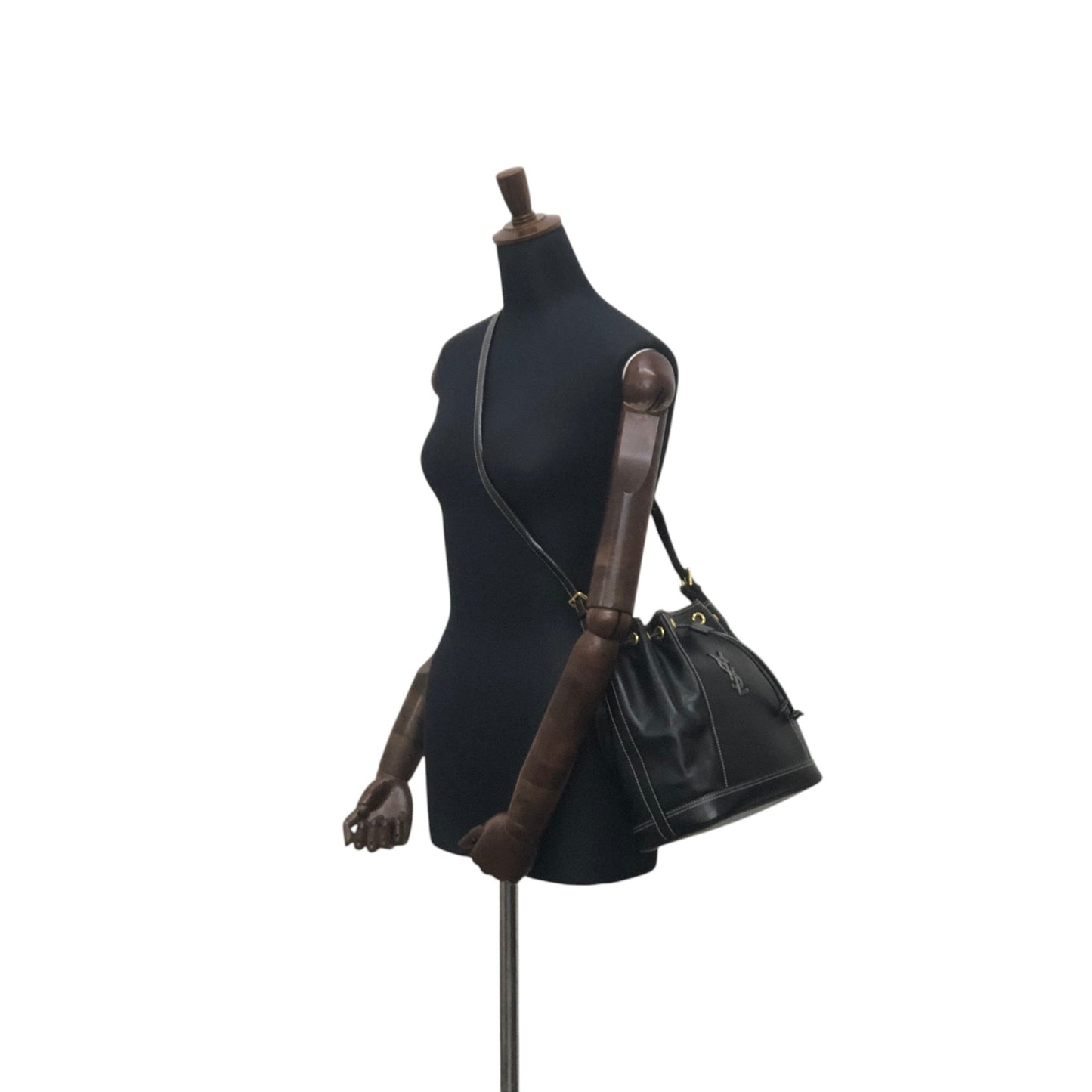 Yves Saint Laurent YSL Logo Stitch Drawstring Shoulder bag Black Vintage 2my7rj