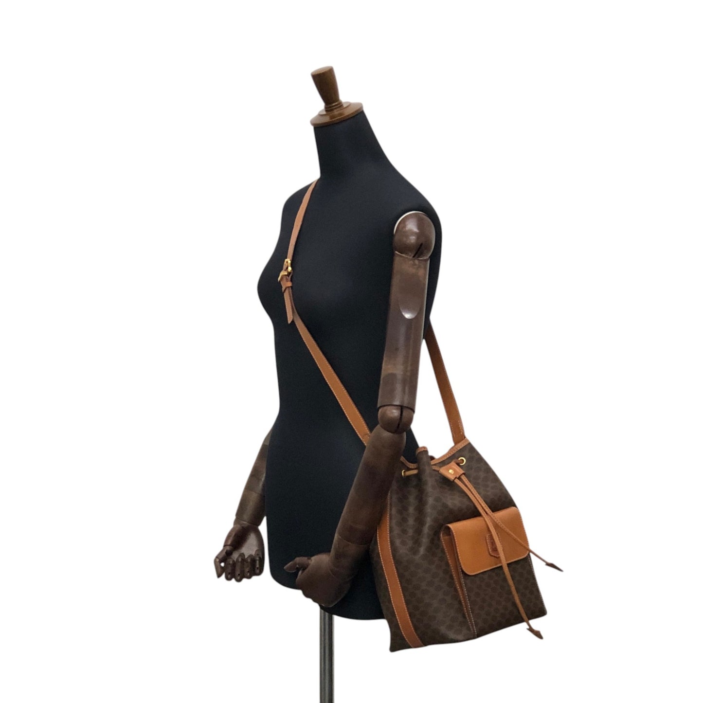 CELINE Macadam Blason Drawstring Shoulder bag Brown Vintage ex6n3b