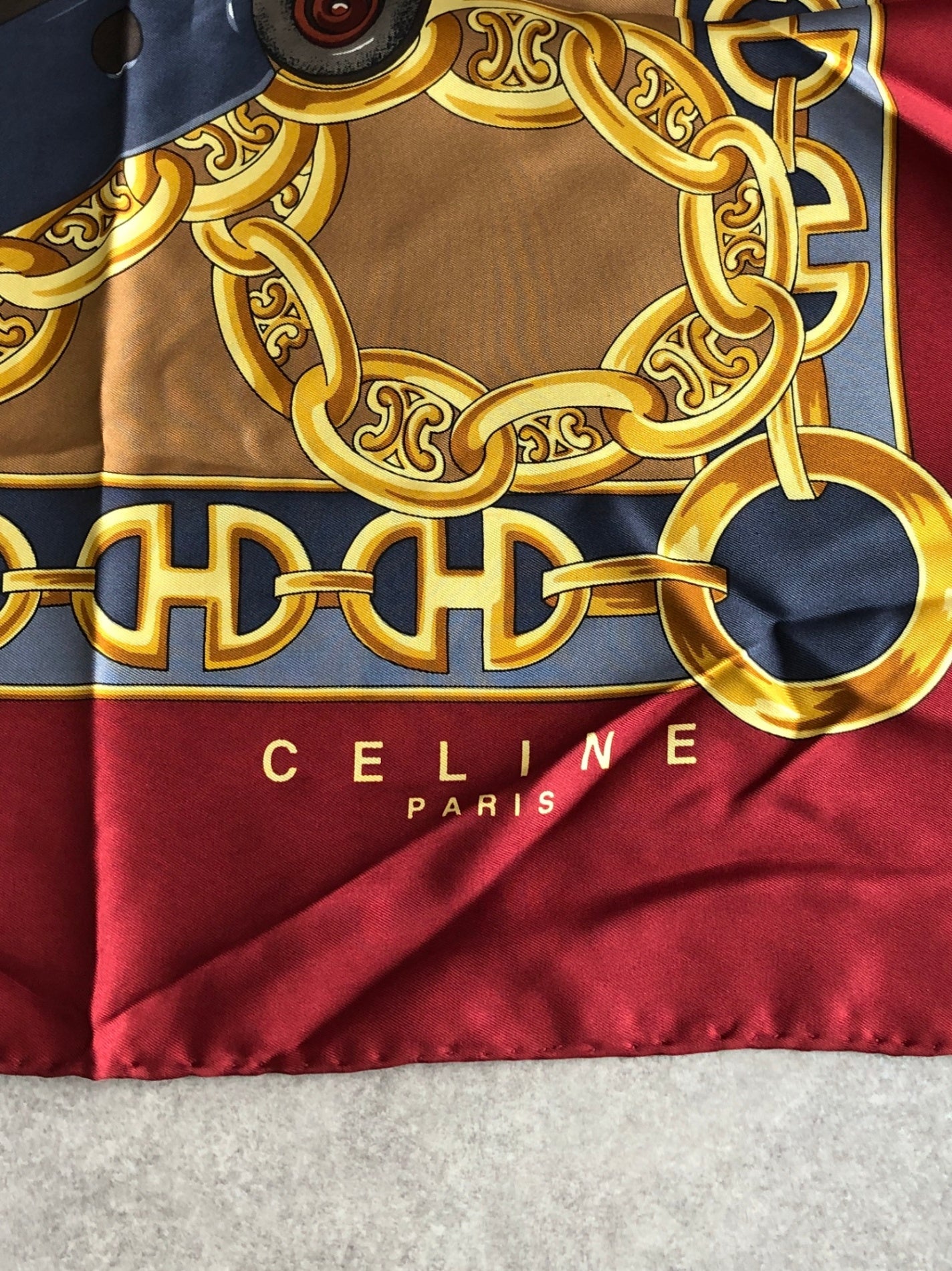 CELINE Triomphe Horse Bit Silk Scarf Red Vintage 2dp2ru