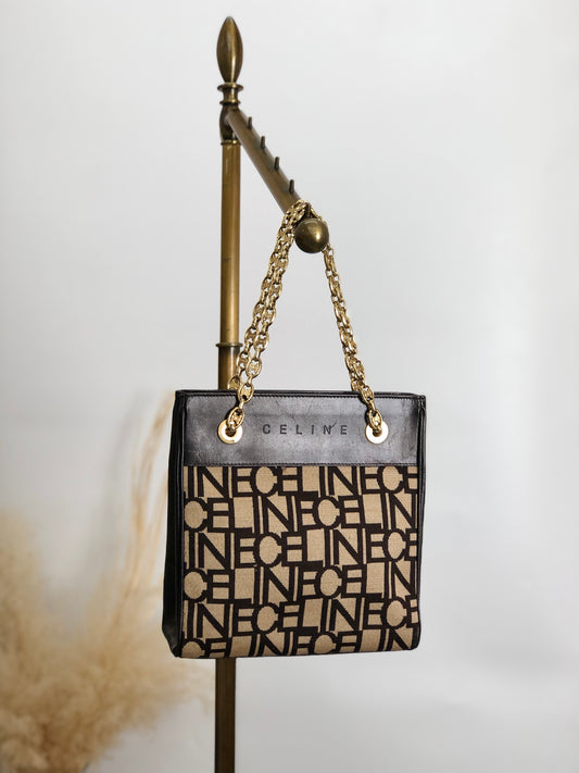 CELINE Logo Embroidery Chain Handbag Brown Vintage 88vc8f