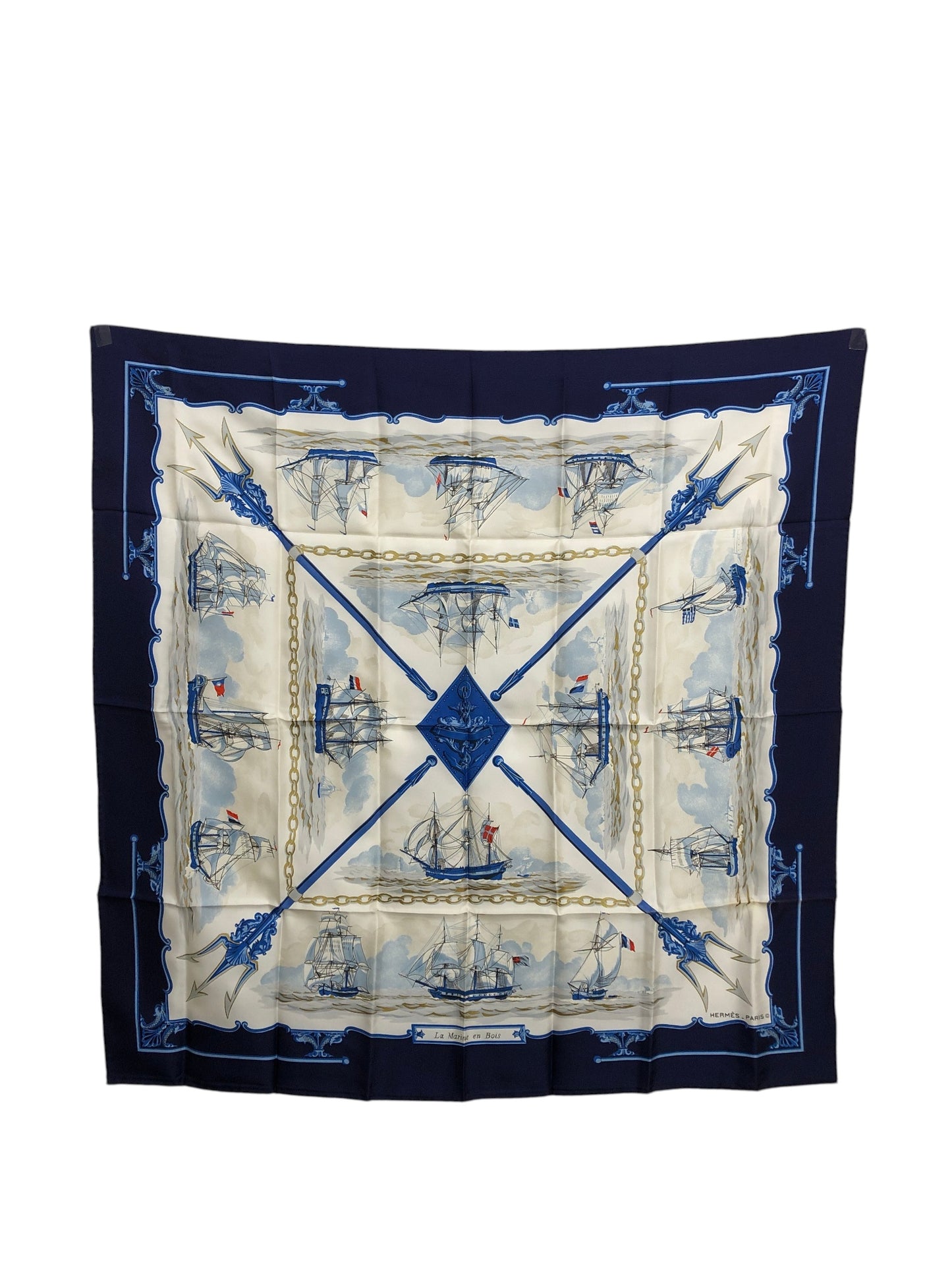 HERMES Silk Scarf White×Blue Vintage avkayp