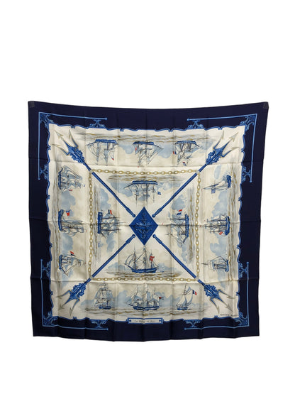 HERMES Silk Scarf White×Blue Vintage avkayp