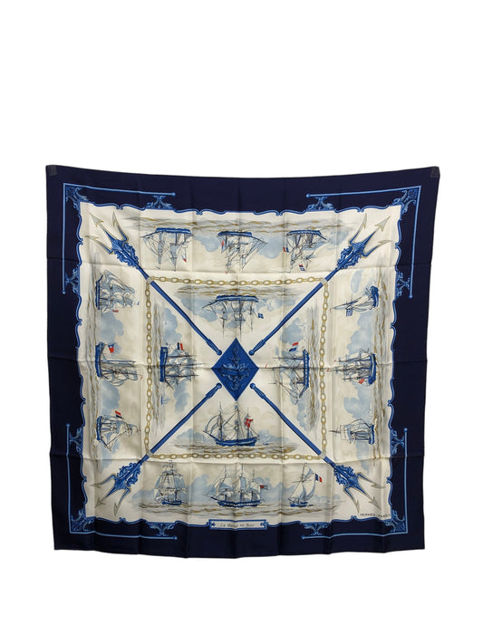 HERMES Silk Scarf White×Blue Vintage avkayp