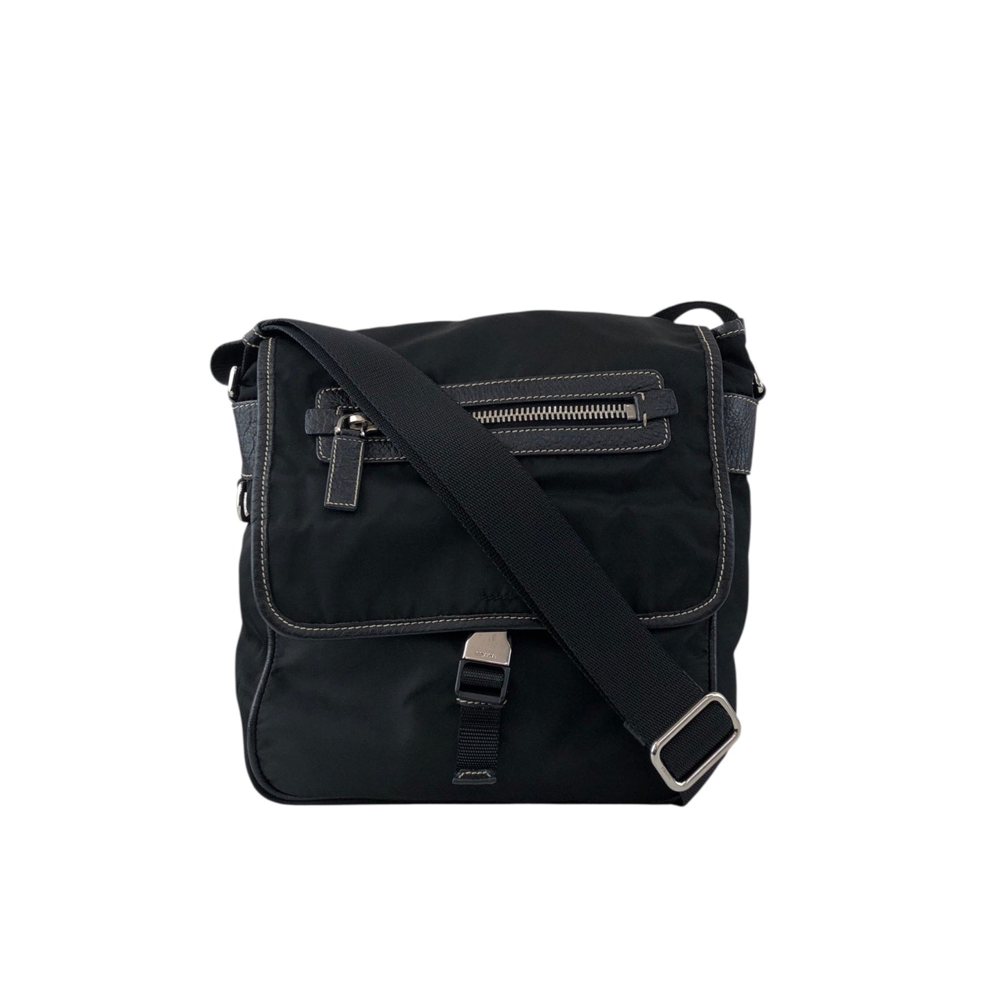 PRADA Tessuto Triangle Logo Front Buckle Shoulder bag Black Vintage bcdpsd