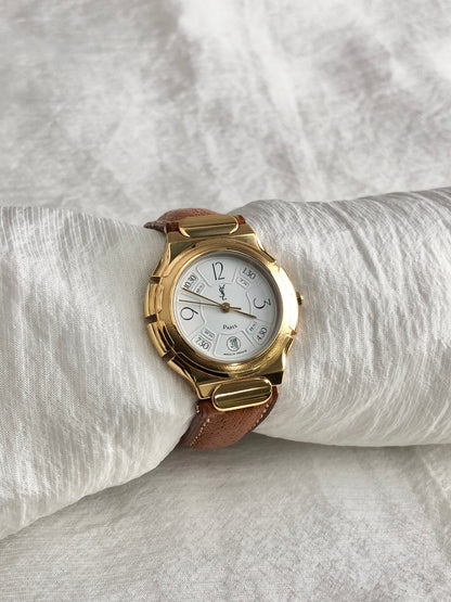 Yves Saint Laurent YSL Logo Quartz Watch Gold×Brown 518731 Vintage mmjgay