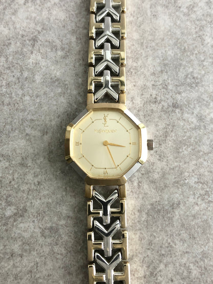 Yves Saint Laurent YSL Logo Quartz Watch Silver×Gold 2200-241762 Vintage r5aupi